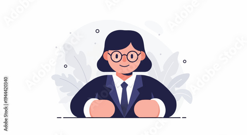 A stylized character in a suit and tie smiles behind a desk with abstract foliage