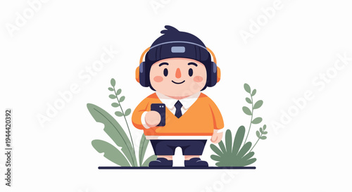 A cheerful cartoon person with headphones and a phone stands among green plants