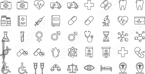 Medical healthcare line icons set including ambulance pills syringe hospital symbols modern minimal outline vector collection for health services