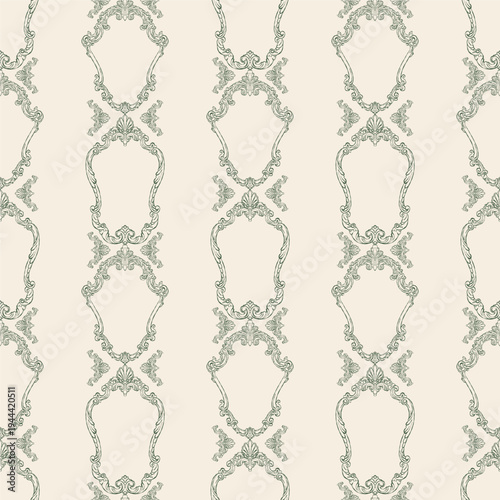 Seamless pattern in vintage baroque style. Classic Victorian hand-drawn design. A whimsical background for wedding invitations, gift wrap, packaging materials, fabric, and wallpaper. Green vector