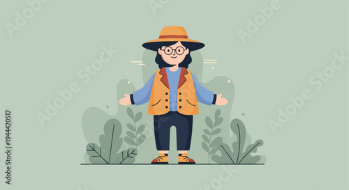 Friendly cartoon person with outstretched arms in a park setting