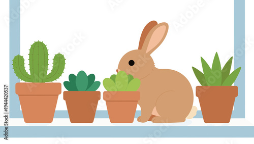 Rabbit hiding behind potted plants on a transparent background