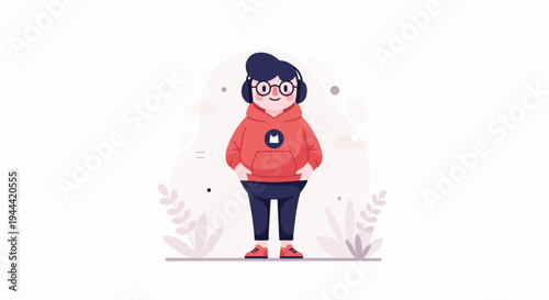 Young person in headphones and red hoodie with cat logo, standing outdoors