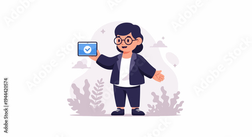 Person in business attire holds tablet displaying a checkmark, with abstract plants and clouds in background