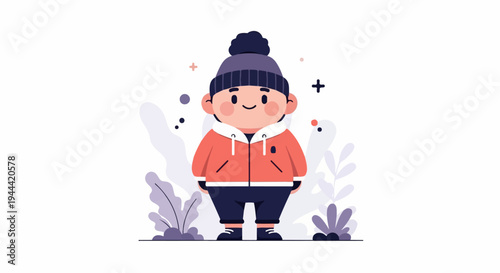 Cute cartoon child in winter attire with plants and playful dots