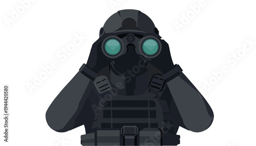 Soldier observing with night vision binoculars in tactical attire on a transparent background