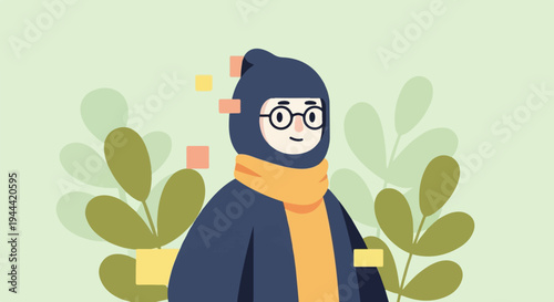 Whimsical character with glasses and scarf, surrounded by abstract foliage and colorful squares