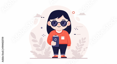 A cheerful, dark-haired person with round glasses and an orange sweater holds a blue tablet