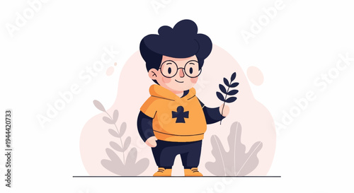 A stylized, chubby child with dark hair and glasses holds a small branch