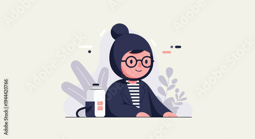 Flat illustration of a person wearing a dark hood and glasses, with plants and a water bottle