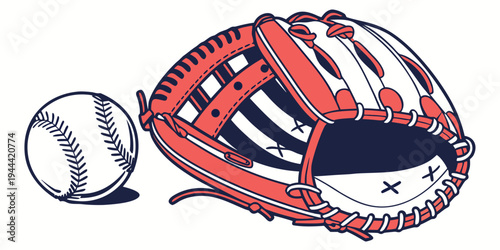 Red and white baseball glove and ball on white background sports equipment