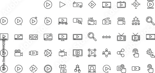 media, video, play, line, icons, collection, streaming, multimedia, interface, controls, minimal, outline, vector, digital, player, broadcast, online, content, design, set