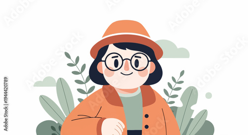 Stylized portrait of a person with a hat, glasses, and coat, surrounded by plants and clouds