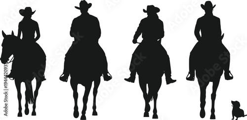 Cowboy and cowgirl riding horse silhouettes from front view, western horseback riders vector set with hat and saddle isolated on white background