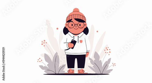 A stylized character wearing a beanie and glasses holds a phone amidst abstract foliage