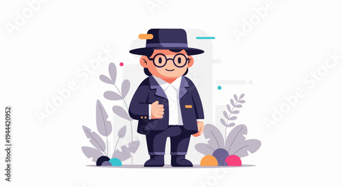A stylized cartoon of a person in a suit and hat, amidst abstract plant-like shapes
