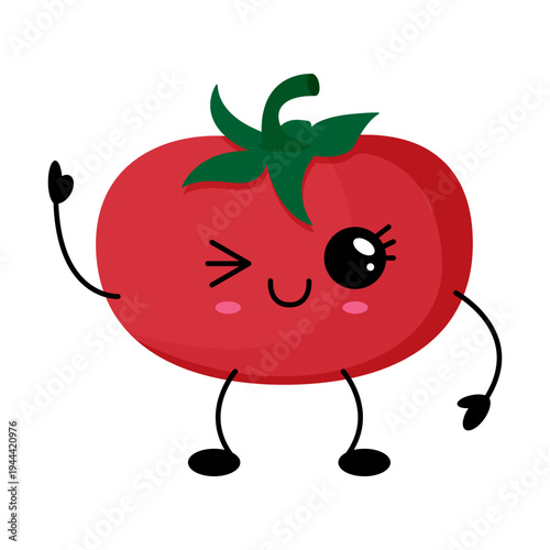 A cute kawaii tomato with a stem and leaves, winking with one eye and smiling cheerfully