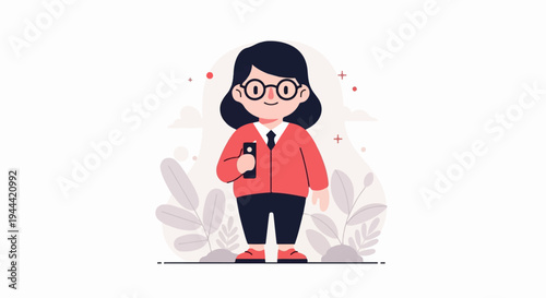 Stylized illustration of a short, round woman in glasses, red cardigan, and black pants holding a phone