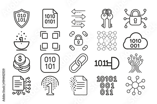 Premium vector icon set of blockchain system decentralized database smart contracts and crypto technology line signs