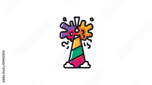 A vibrant illustration depicts a party favor erupting with colorful confetti and a stylized cone