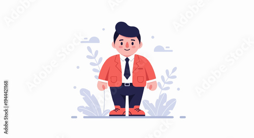 Chubby cartoon man in a red suit and tie stands amongst light purple plants