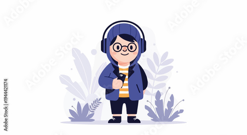 A person with headphones and glasses holds a phone, surrounded by plants