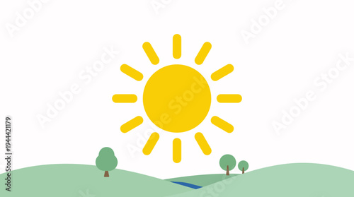Bright yellow sun shining over rolling green hills and a gentle stream, symbolizing a beautiful sunny day in nature