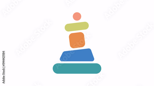 Abstract Stacked Blocks Sculpture with Colorful Shapes and Top Sphere