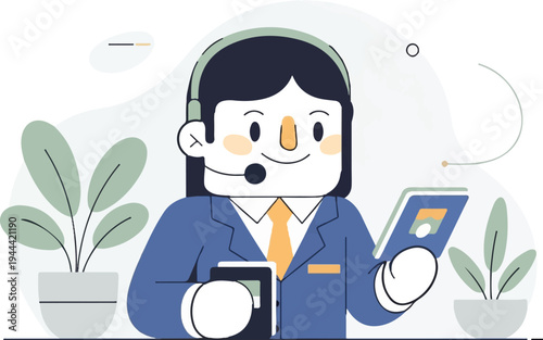 Friendly person wearing headset and suit, holding devices and standing near potted plants