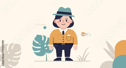 Person in a hat and yellow jacket, surrounded by stylized plants and shapes