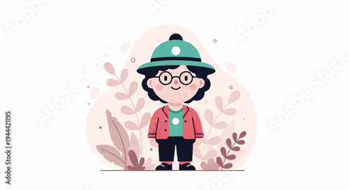 A cheerful cartoon child wearing a green hat, glasses, and a red jacket stands amidst soft pink foliage