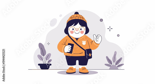 Cheerful, round figure in orange beanie and jacket with a satchel, giving a thumbs up