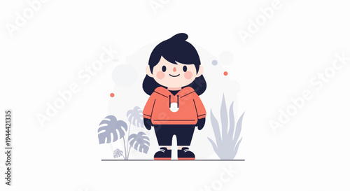A cartoon character in a coral hoodie and dark pants stands amongst stylized plants