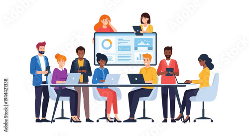 Diverse Business Team Collaborating on Data Analysis. Modern Office Meeting with Laptops, Tablets, and Big Screen Presentation.