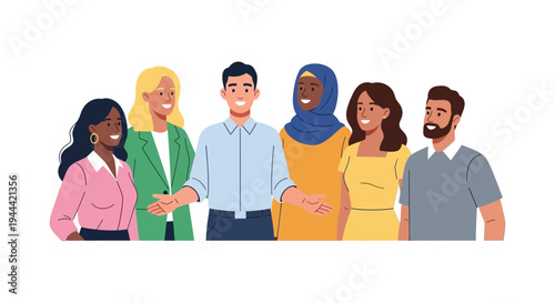 Smiling Diverse Multi-Ethnic Business Team with Welcoming Gesture - Inclusion and Collaboration