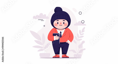 Chubby cartoon character in a winter hat and suit holding a tablet