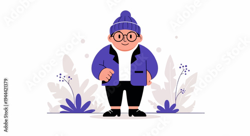 A person wearing a beanie, glasses, jacket, and pants stands in a stylized outdoor setting