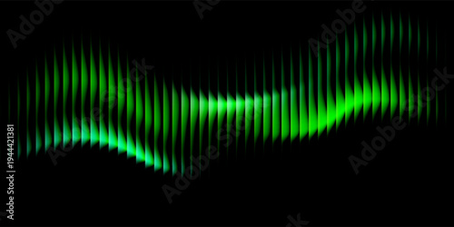 Abstract futuristic soundwave made of glowing green vertical light bars forming a smooth wave pattern across a black background