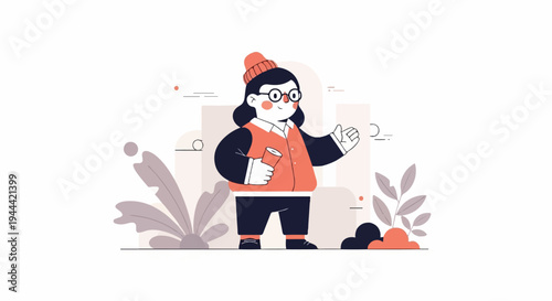Friendly character in a beanie and glasses holds a scroll, with abstract plants and shapes