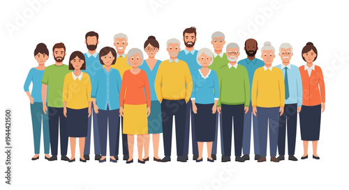 Diverse Multi-Generational Group of Happy People Standing Together on White Background - Cartoon Vector Illustration