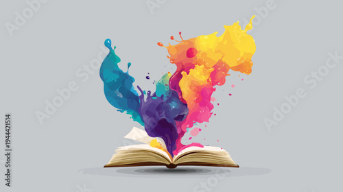 Open book with colorful paint explosion emerging from pages on gray background