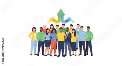 Diverse Team Collaboration for Business Growth & Success - United People with Upward Arrow Icon