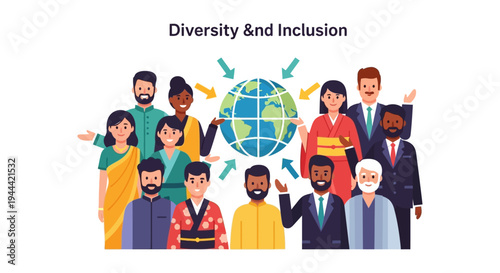 Diverse Global Community and Inclusive Workforce Concept. Multicultural People Unite Around Earth Symbolizing Unity, Collaboration, and D&I Initiatives.