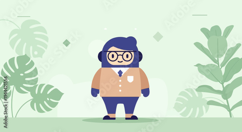 Cartoon figure in a suit with glasses and headphones, surrounded by plants