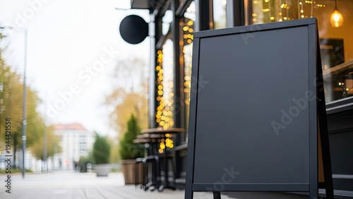 Blank sidewalk chalkboard sign near cafe exterior for advertising and promotion