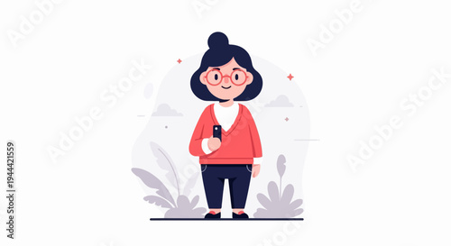 A person in a coral sweater and dark pants holds a smartphone, surrounded by stylized leaves and clouds