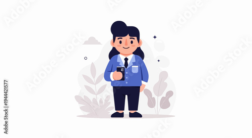 Cheerful figure in a blue suit holding a phone, surrounded by stylized plants