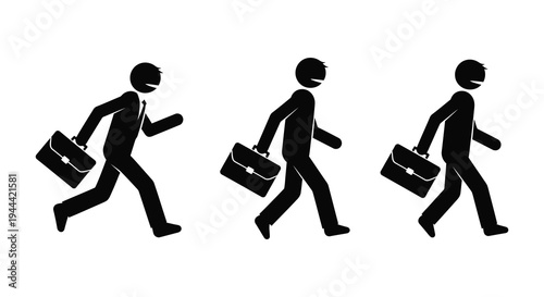 Three businesspeople are walking briskly with briefcases depicted in a stark black silhouette high quality professional detailed modern elegant stylish clean