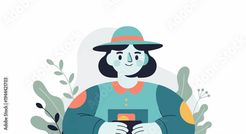 Stylized portrait of a person wearing a hat and holding a book amidst foliage