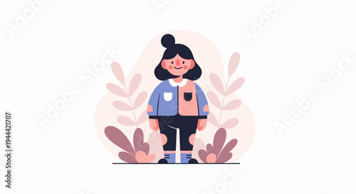 A cheerful, cartoonish child with dark hair and rosy cheeks stands amidst soft, muted foliage